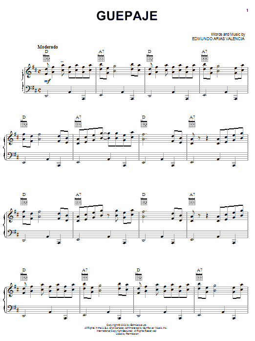 Edmundo Arias Valencia Guepaje sheet music notes and chords arranged for Piano, Vocal & Guitar Chords (Right-Hand Melody)