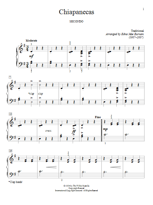 Edna Mae Burnam Chiapanecas sheet music notes and chords arranged for Piano Duet