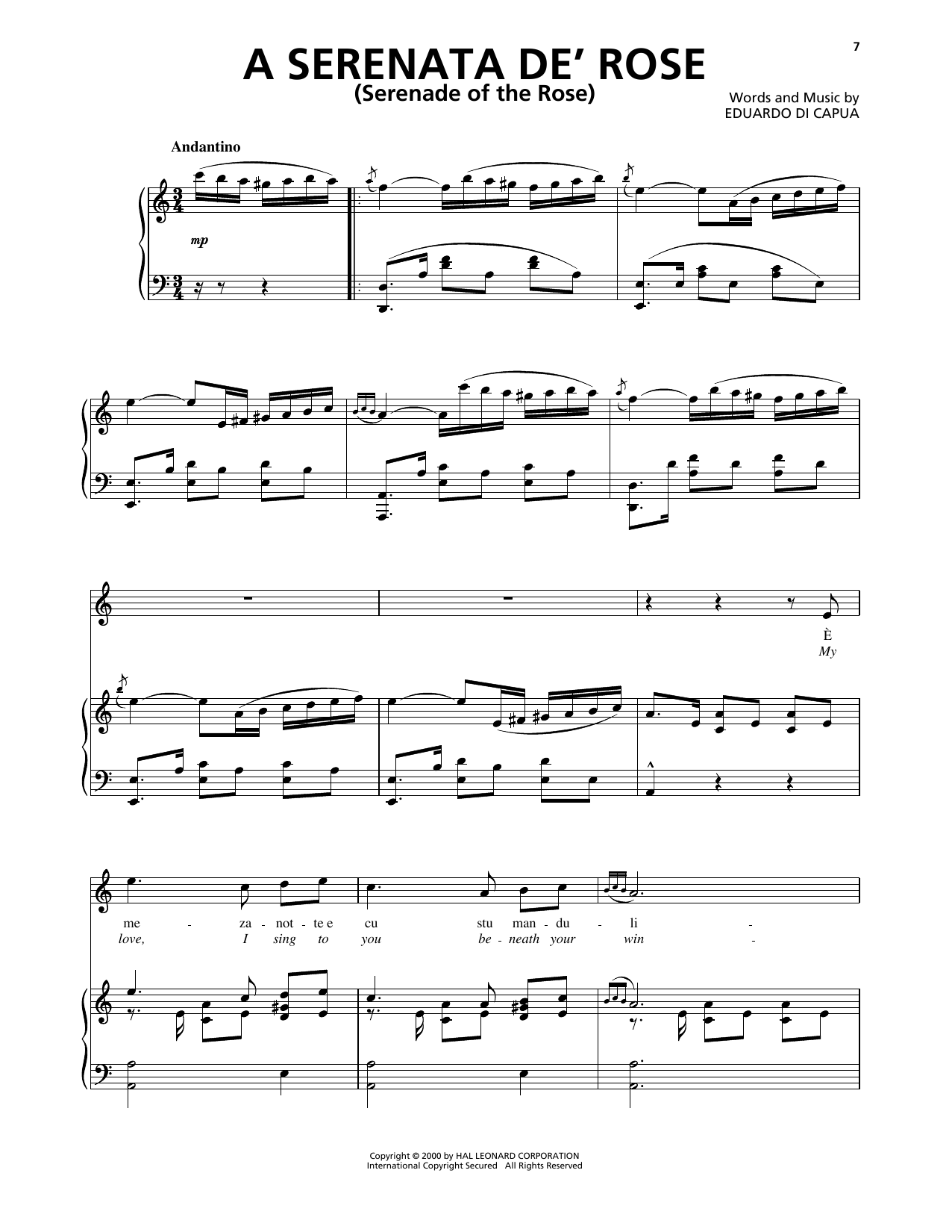 Eduardo di Capua A Serenata De' Rose (Serenade Of The Rose) sheet music notes and chords arranged for Piano, Vocal & Guitar Chords (Right-Hand Melody)