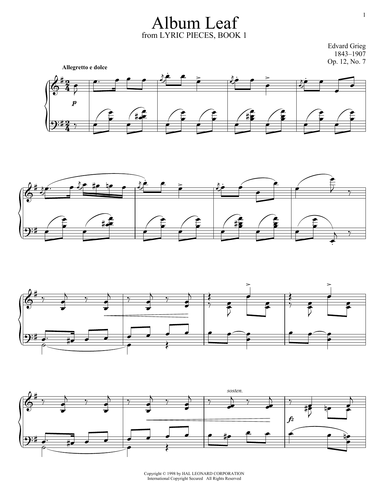 Edvard Grieg Album Leaf, Op. 12, No. 7 sheet music notes and chords arranged for Piano Solo