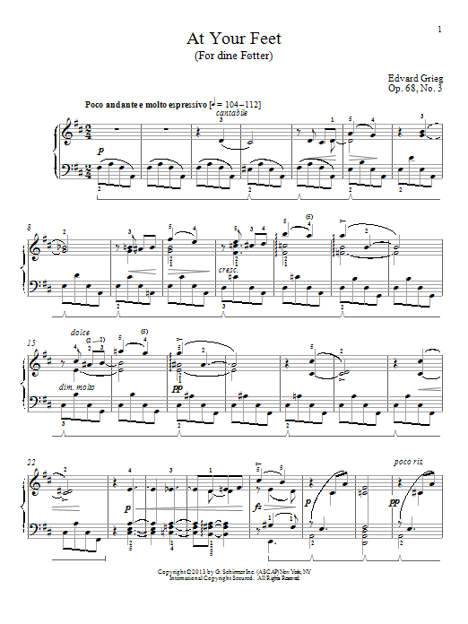 Edvard Grieg At Your Feet (For dine Fotter), Op. 68, No. 3 sheet music notes and chords arranged for Piano Solo