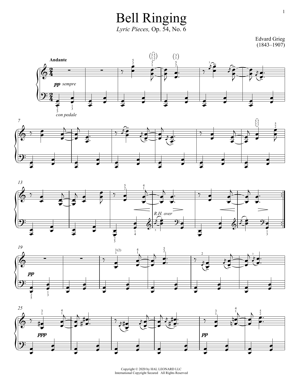 Edvard Grieg Bell Ringing, Op. 54, No. 6 sheet music notes and chords arranged for Piano Solo