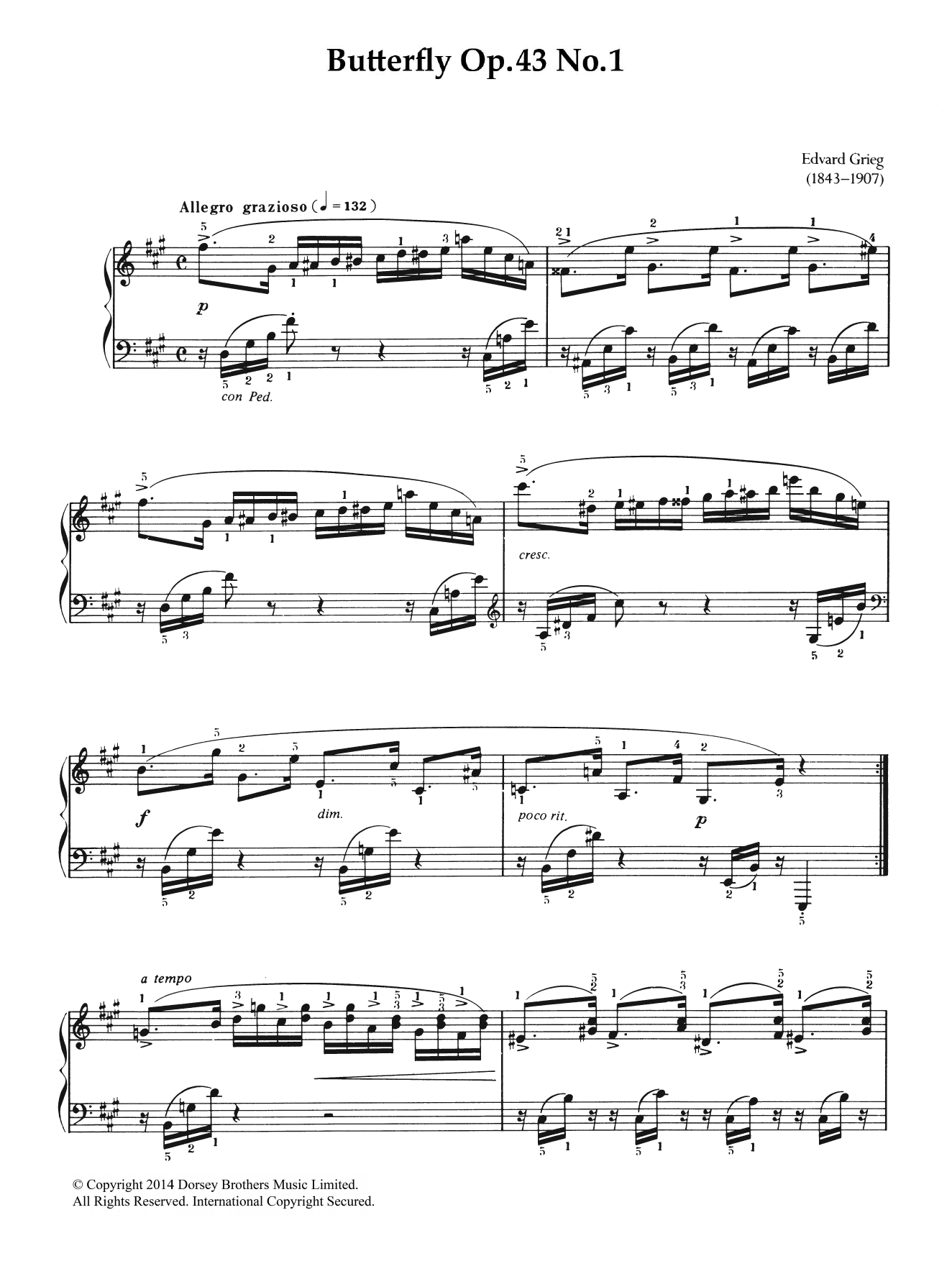 Edvard Grieg Butterfly (from 'Lyric Pieces Op. 43') sheet music notes and chords arranged for Piano Solo