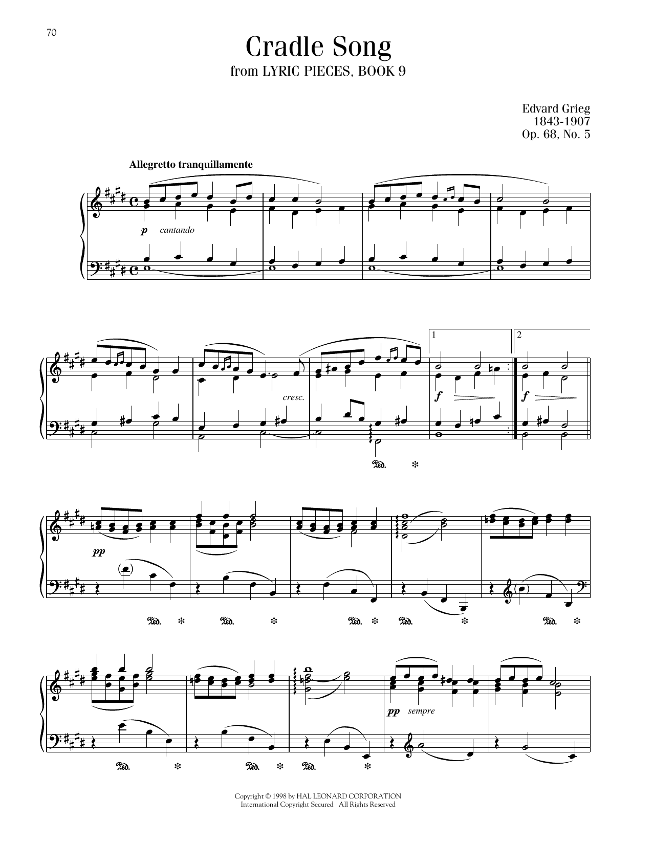 Edvard Grieg Cradle Song, Op. 68, No. 5 sheet music notes and chords arranged for Piano Solo