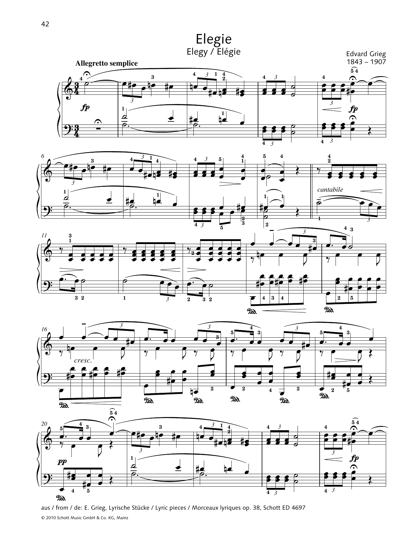 Edvard Grieg Elegy sheet music notes and chords arranged for Piano Solo