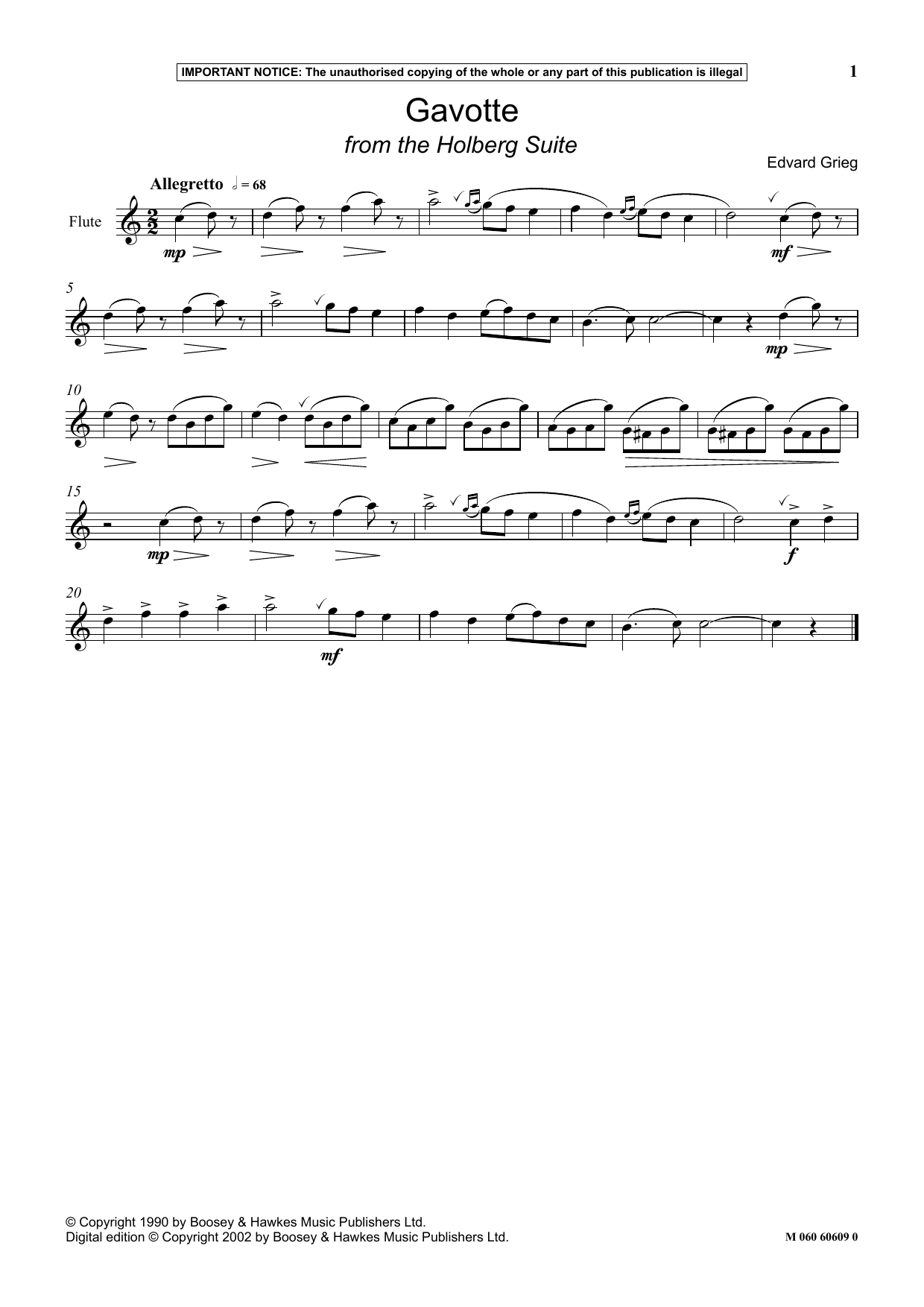 Edvard Grieg Gavotte (from The Holberg Suite) sheet music notes and chords arranged for Flute and Piano