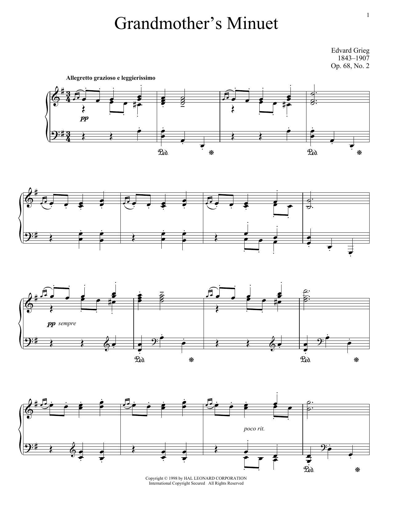 Edvard Grieg Grandmother's Minuet, Op. 68, No. 2 sheet music notes and chords arranged for Piano Solo