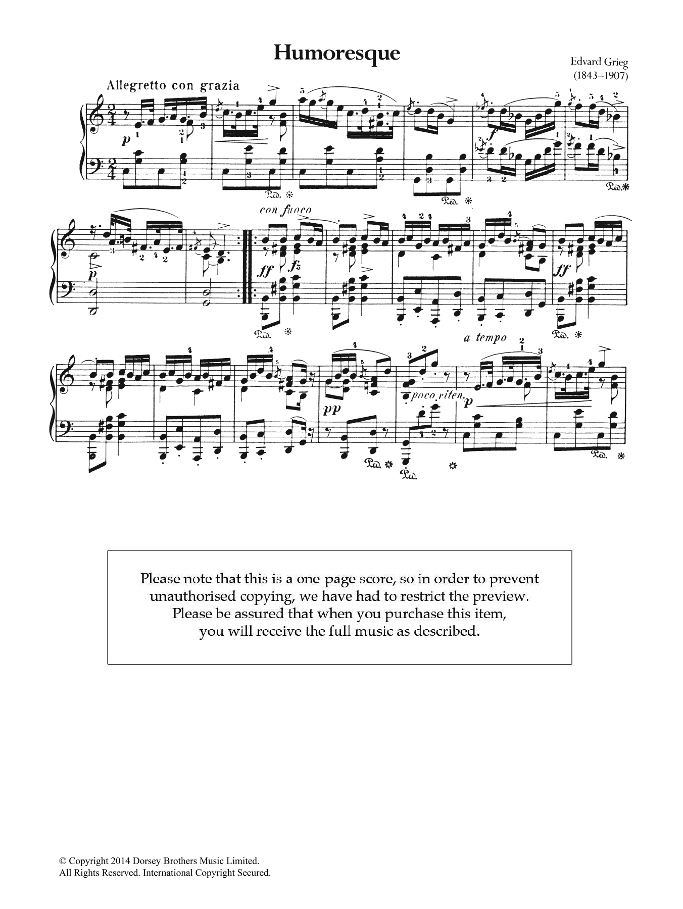 Edvard Grieg Humoresque sheet music notes and chords arranged for Piano, Vocal & Guitar Chords