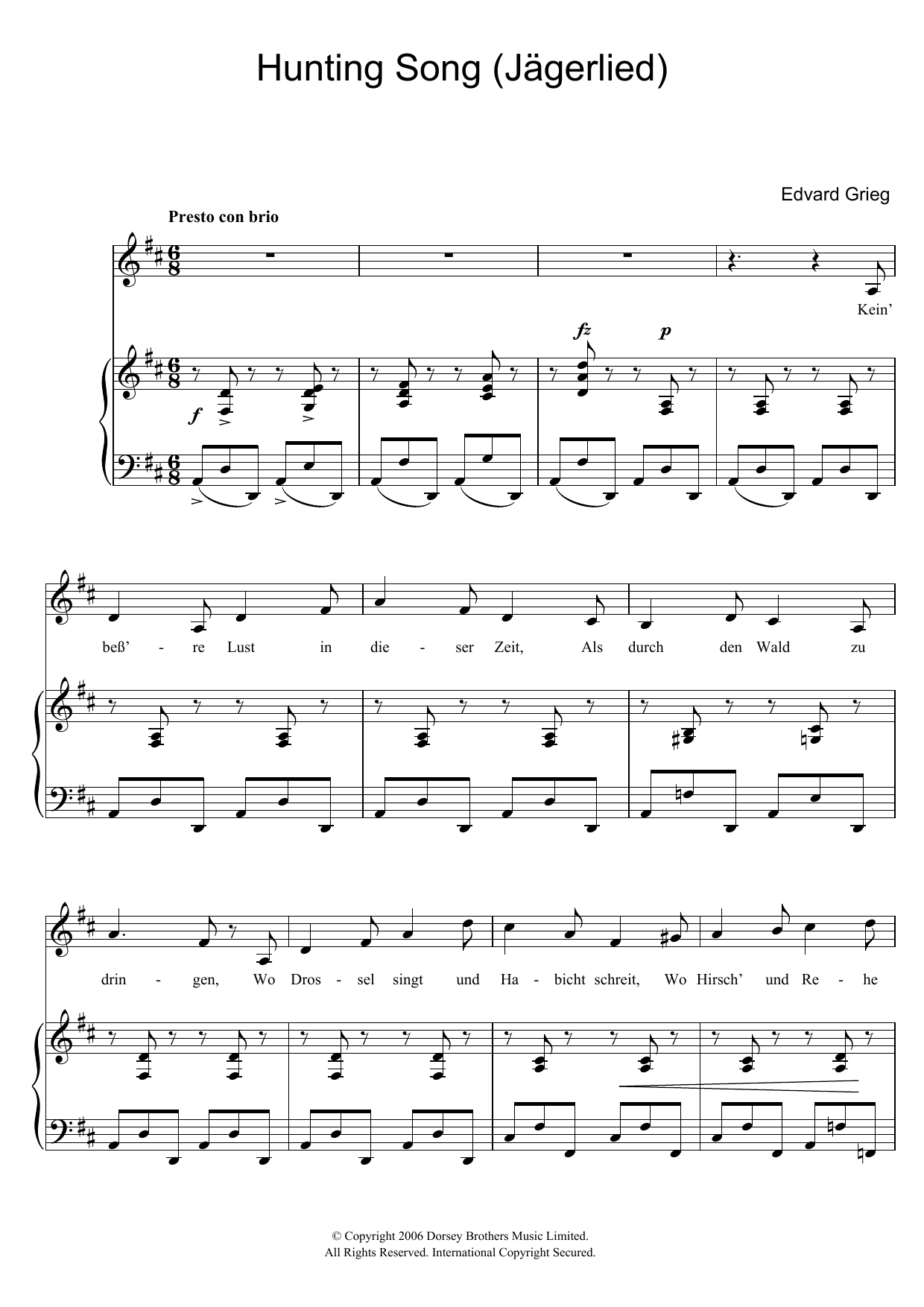 Edvard Grieg Hunting Song (Jagerlied) sheet music notes and chords arranged for Piano & Vocal