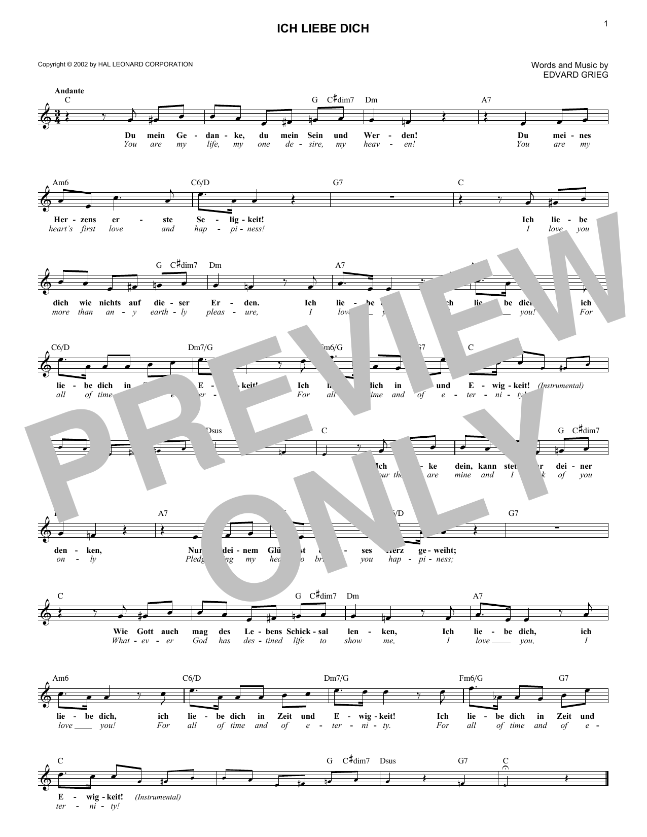 Edvard Grieg Ich Liebe Dich sheet music notes and chords arranged for Lead Sheet / Fake Book