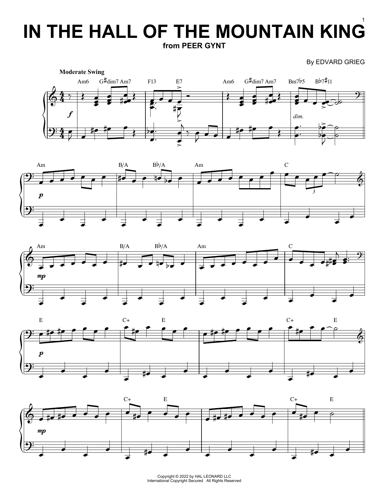 Edvard Grieg In The Hall Of The Mountain King [Jazz version] (arr. Brent Edstrom) sheet music notes and chords arranged for Piano Solo