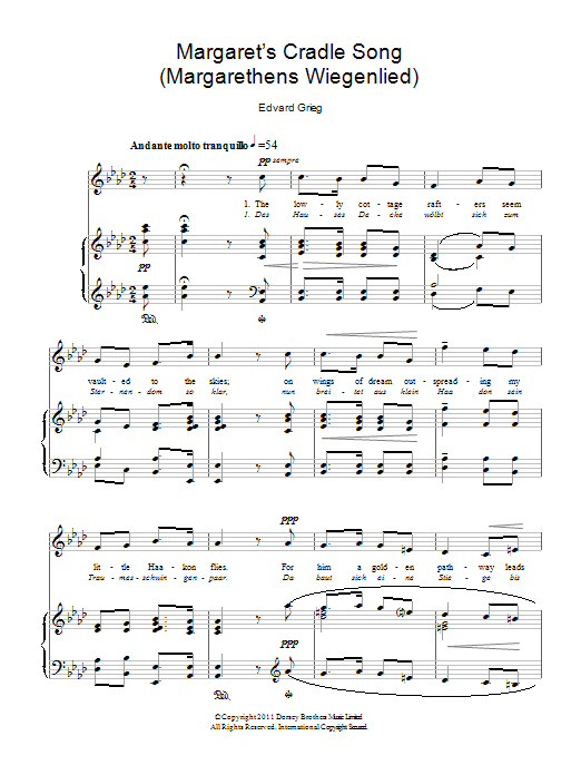 Edvard Grieg Margaret's Cradle Song (Margarethens Wiegenlied) sheet music notes and chords arranged for Piano & Vocal