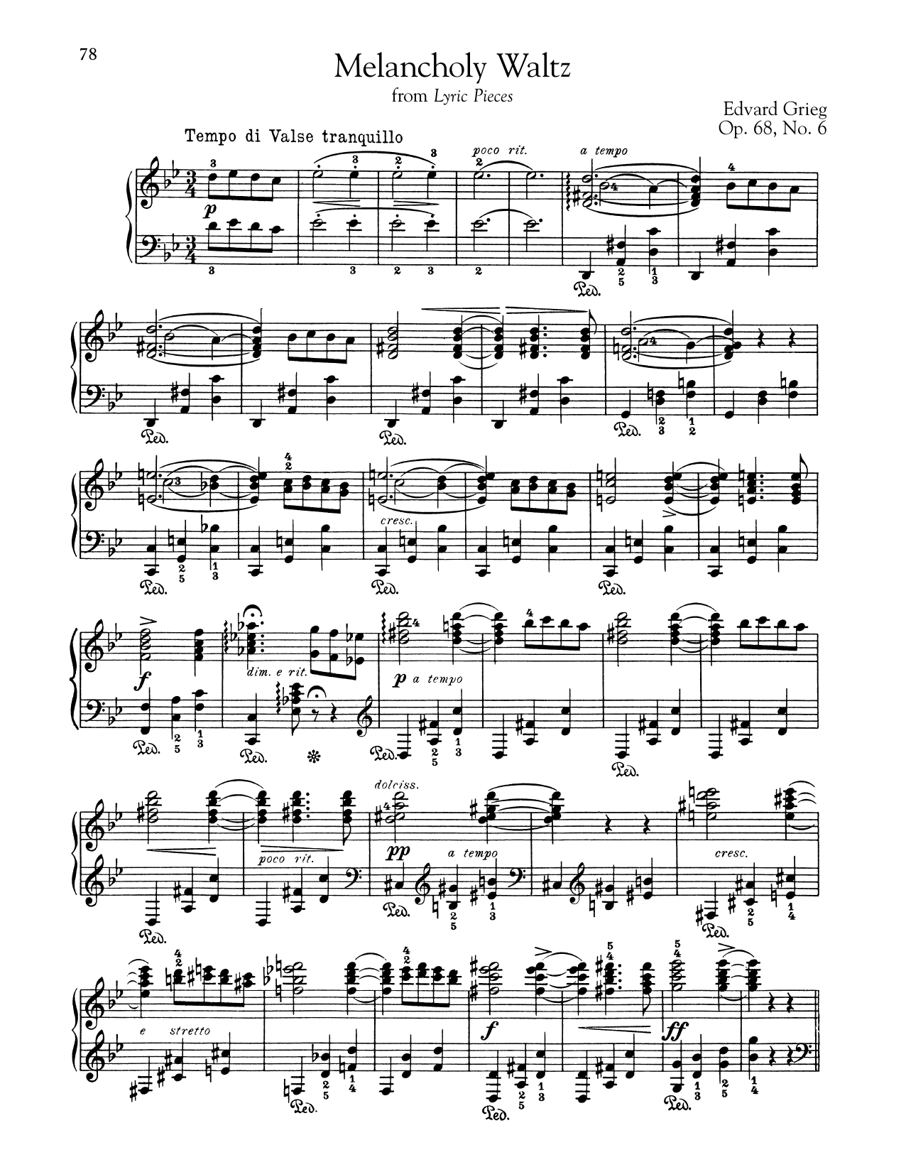 Edvard Grieg Melancholy Waltz, Op. 68, No. 6 sheet music notes and chords arranged for Piano Solo