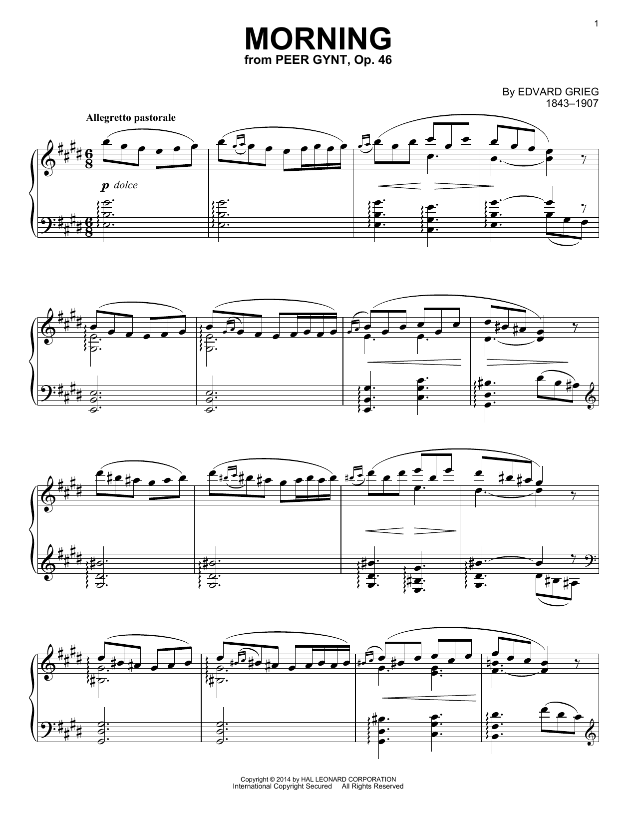 Edvard Grieg Morning (arr. Richard Walters) sheet music notes and chords arranged for Piano Solo