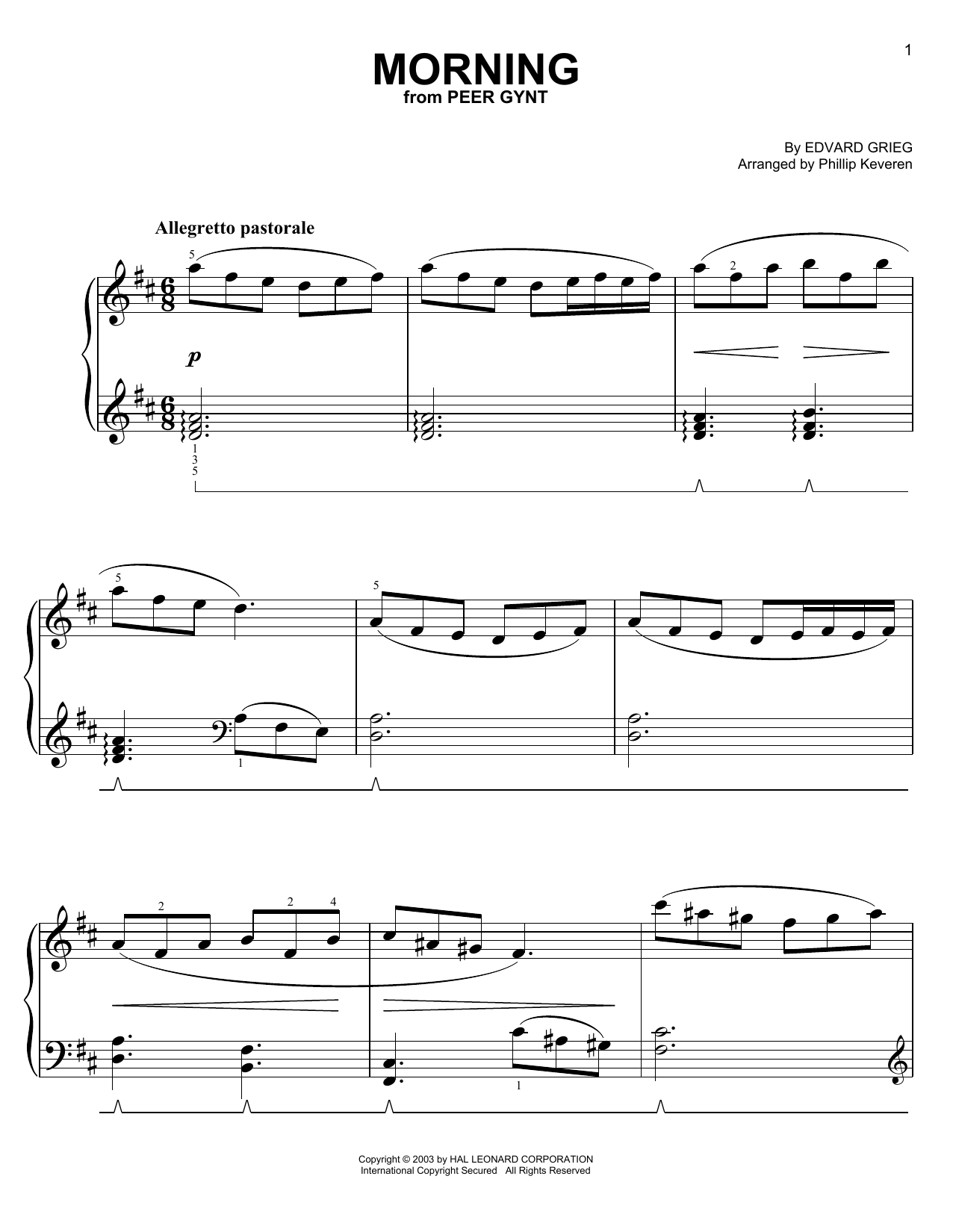 Edvard Grieg Morning (from Allegro non troppo) (arr. Phillip Keveren) sheet music notes and chords arranged for Easy Piano