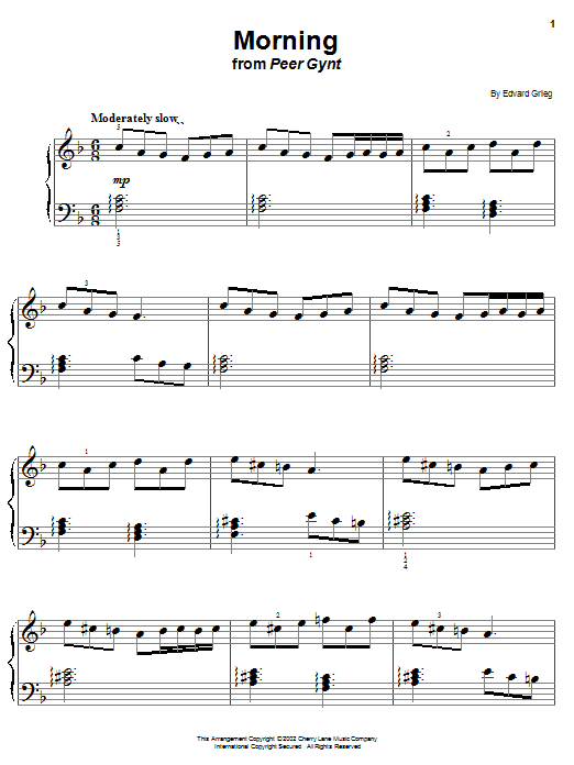 Edvard Grieg Morning (from Peer Gynt Suite No.1) sheet music notes and chords arranged for Beginner Piano