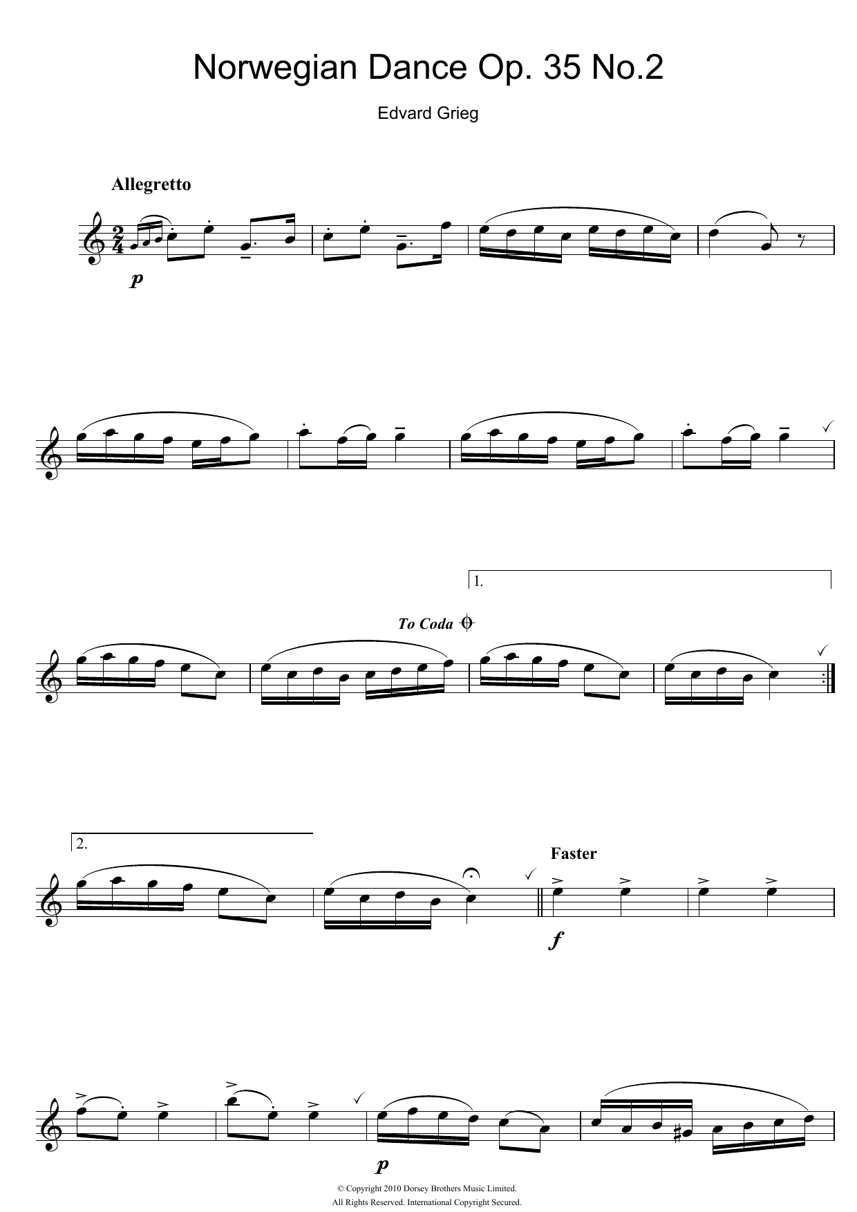 Edvard Grieg Norwegian Dance No. 2 Op. 35 sheet music notes and chords arranged for Flute Solo