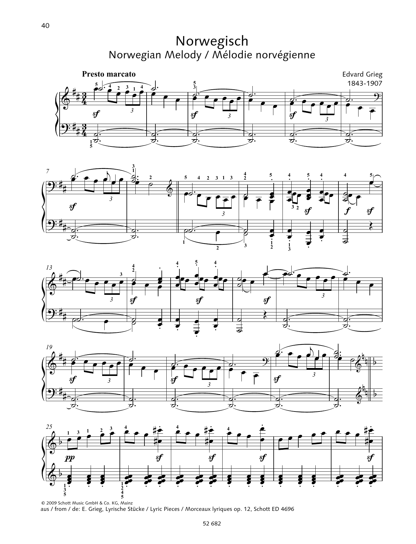 Edvard Grieg Norwegian Melody sheet music notes and chords arranged for Piano Solo