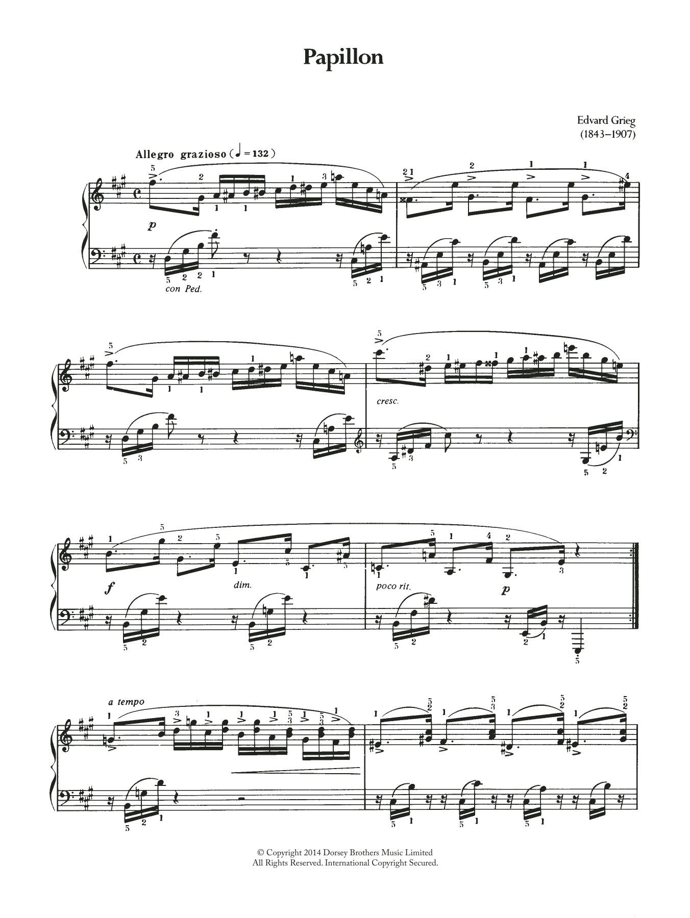 Edvard Grieg Papillon sheet music notes and chords arranged for Piano Solo