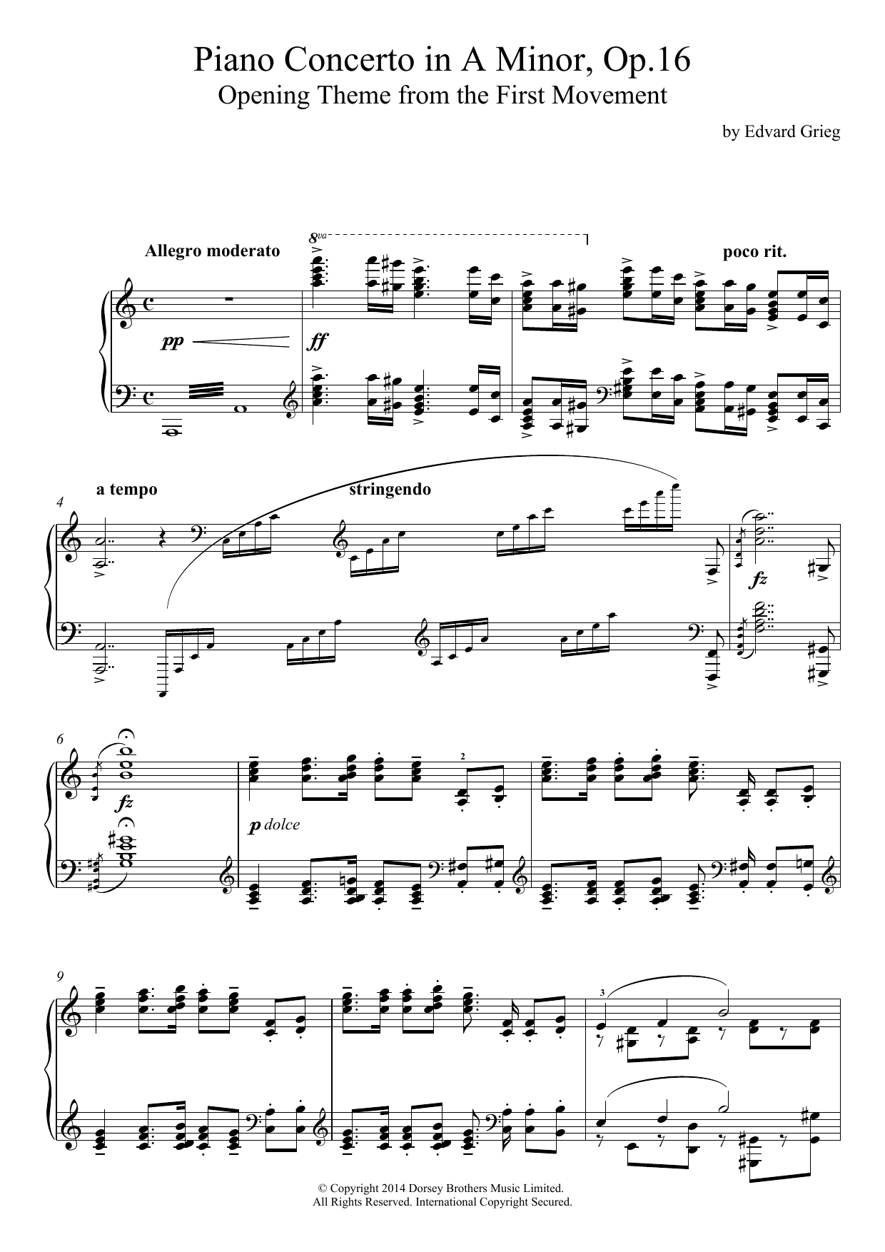 Edvard Grieg Piano Concerto in A Minor, Op.16, Opening Theme sheet music notes and chords arranged for Piano Solo