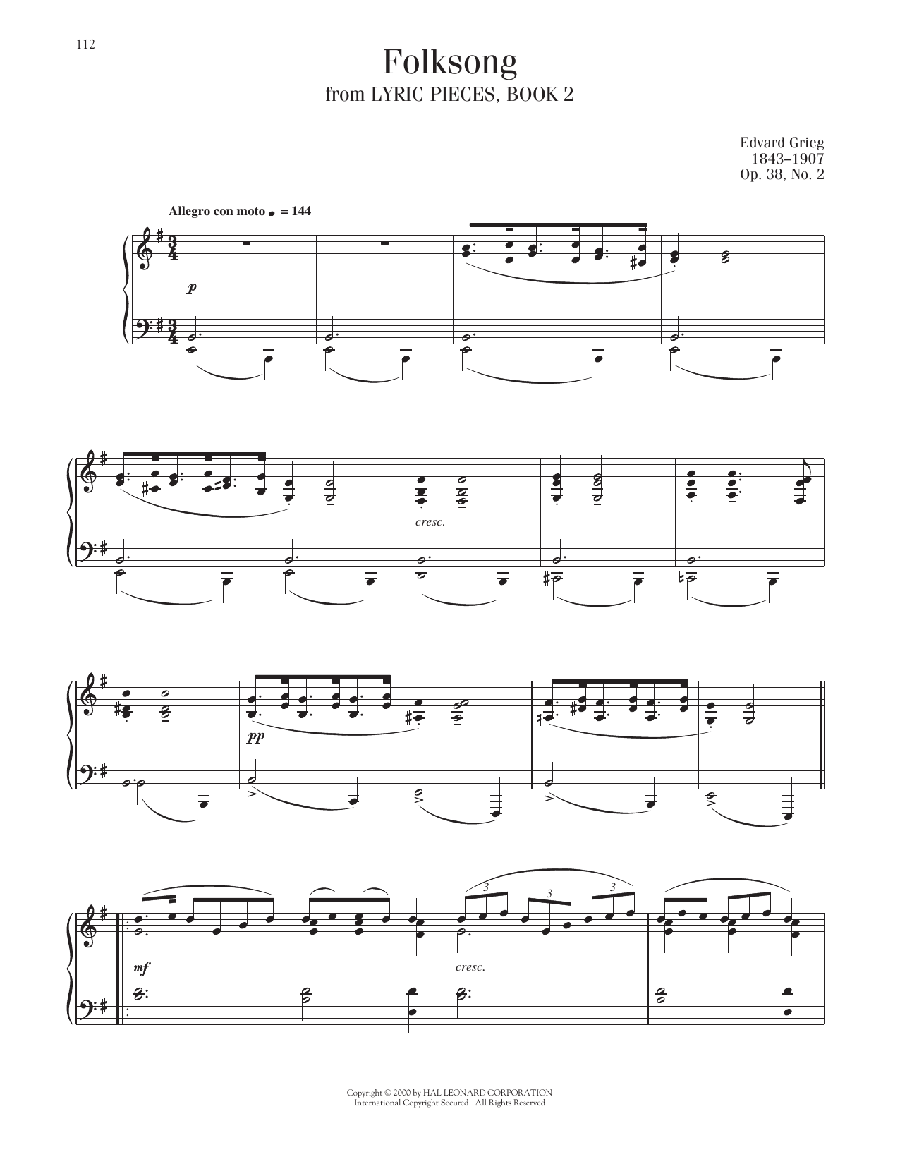 Edvard Grieg Popular Melody, Op. 38, No. 2 sheet music notes and chords arranged for Piano Solo
