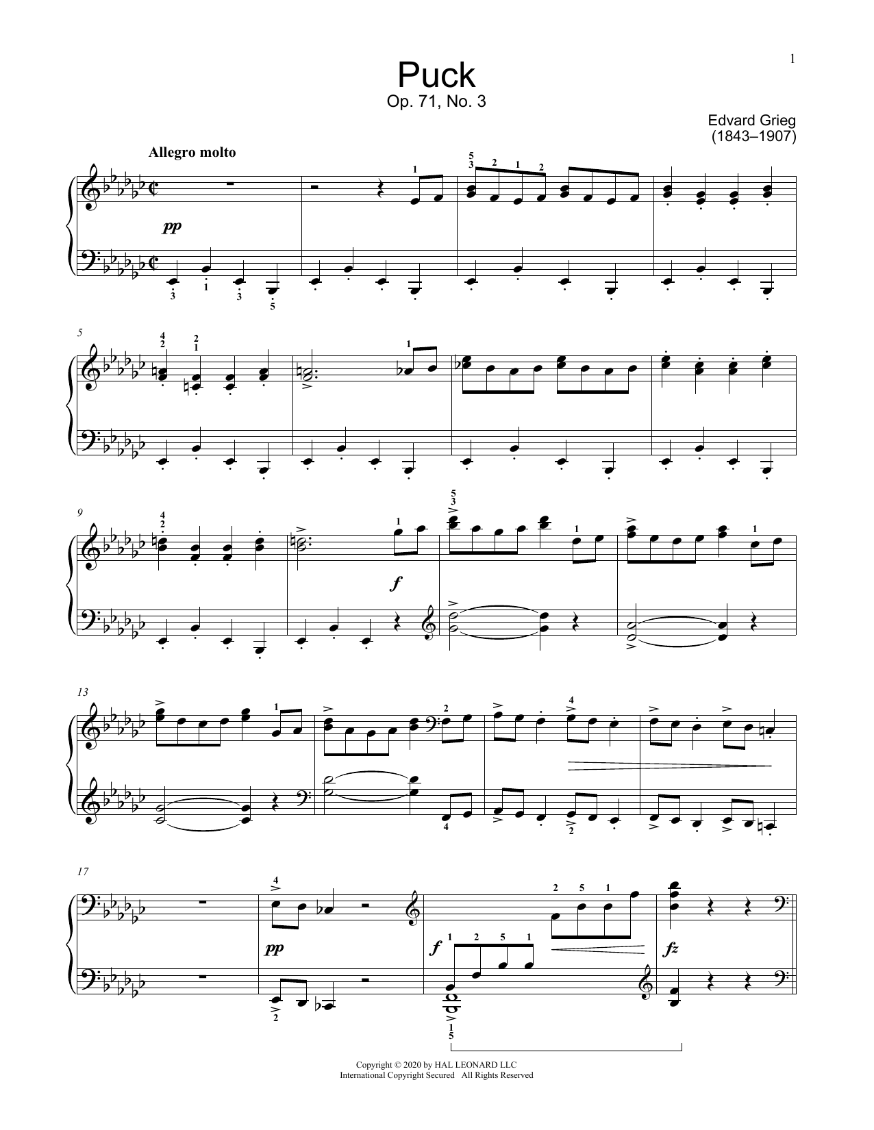 Edvard Grieg Puck, Op. 71, No. 3 sheet music notes and chords arranged for Educational Piano