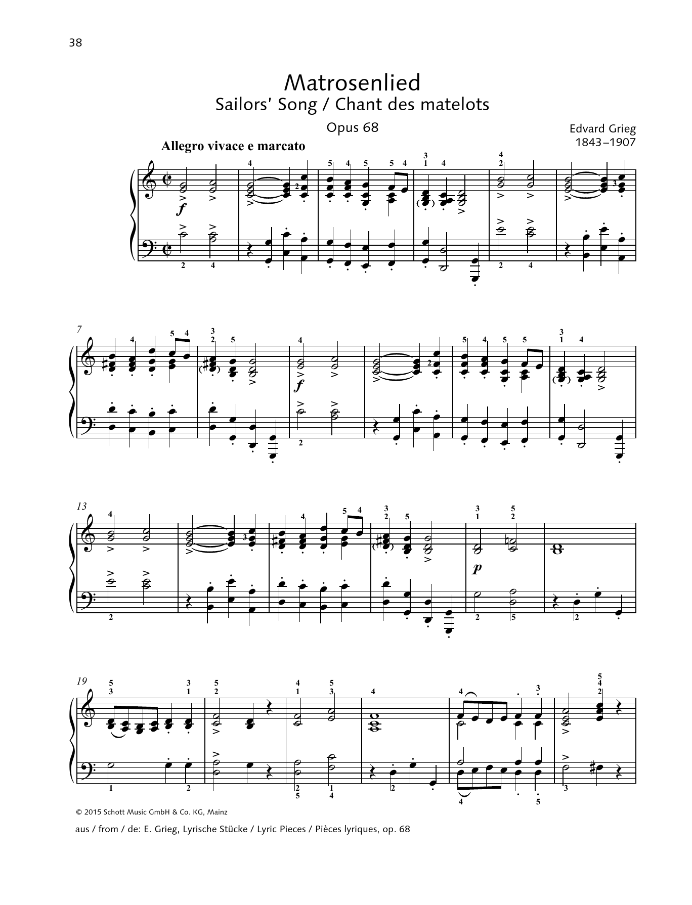 Edvard Grieg Sailor's Song sheet music notes and chords arranged for Piano Solo