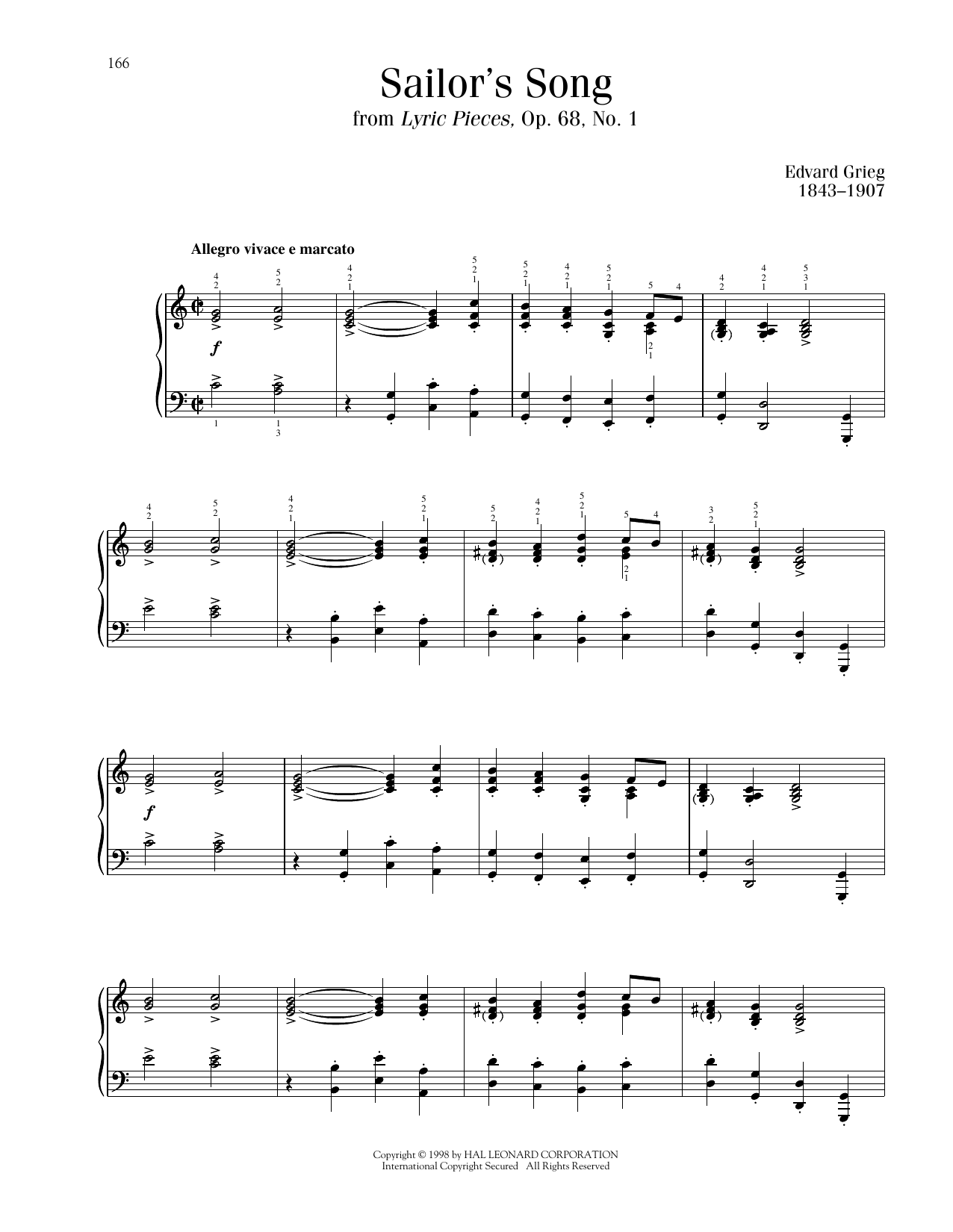 Edvard Grieg Sailor's Song, Op. 68, No. 1 sheet music notes and chords arranged for Piano Solo