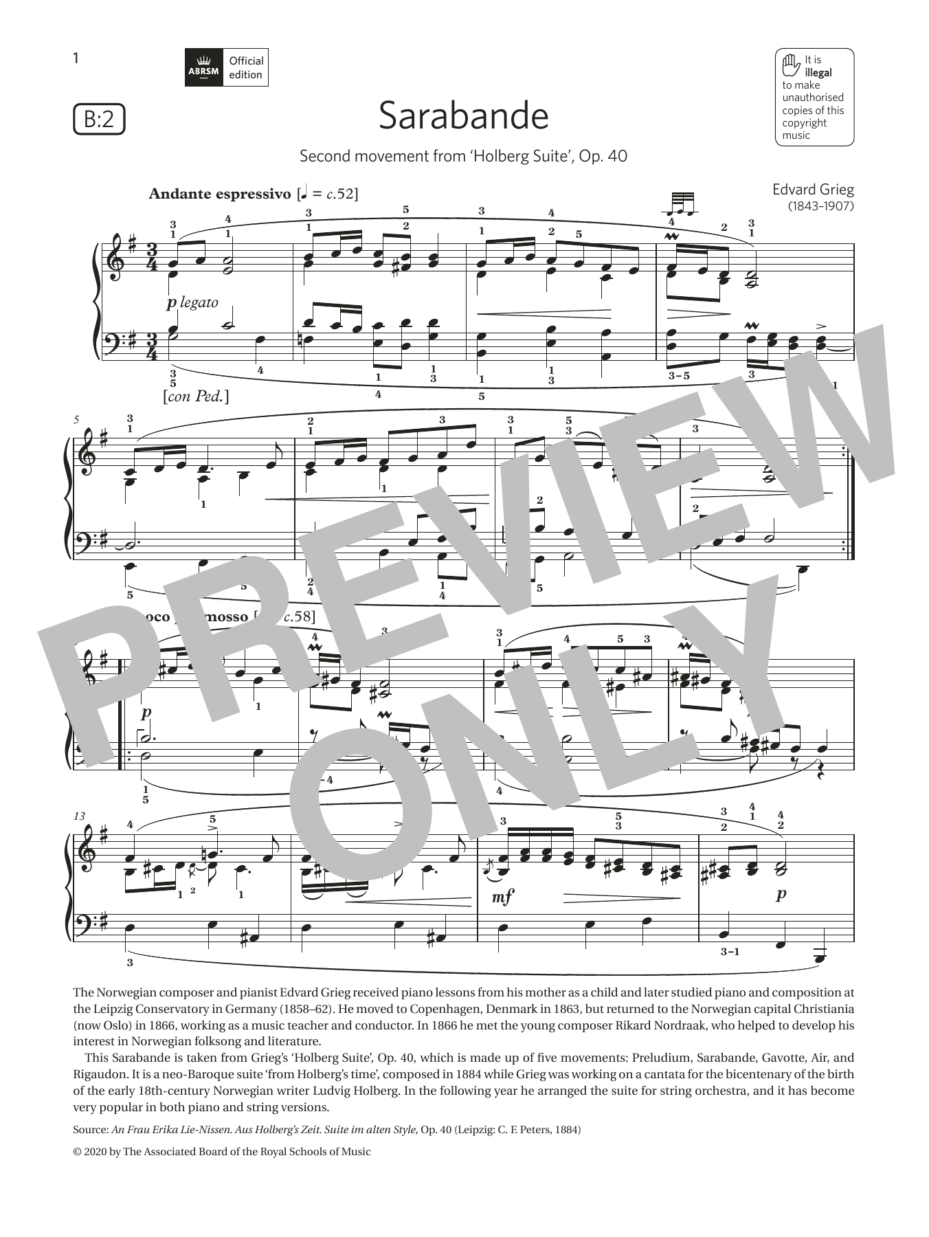 Edvard Grieg Sarabande (Grade 7, list B2, from the ABRSM Piano Syllabus 2021 & 2022) sheet music notes and chords arranged for Piano Solo