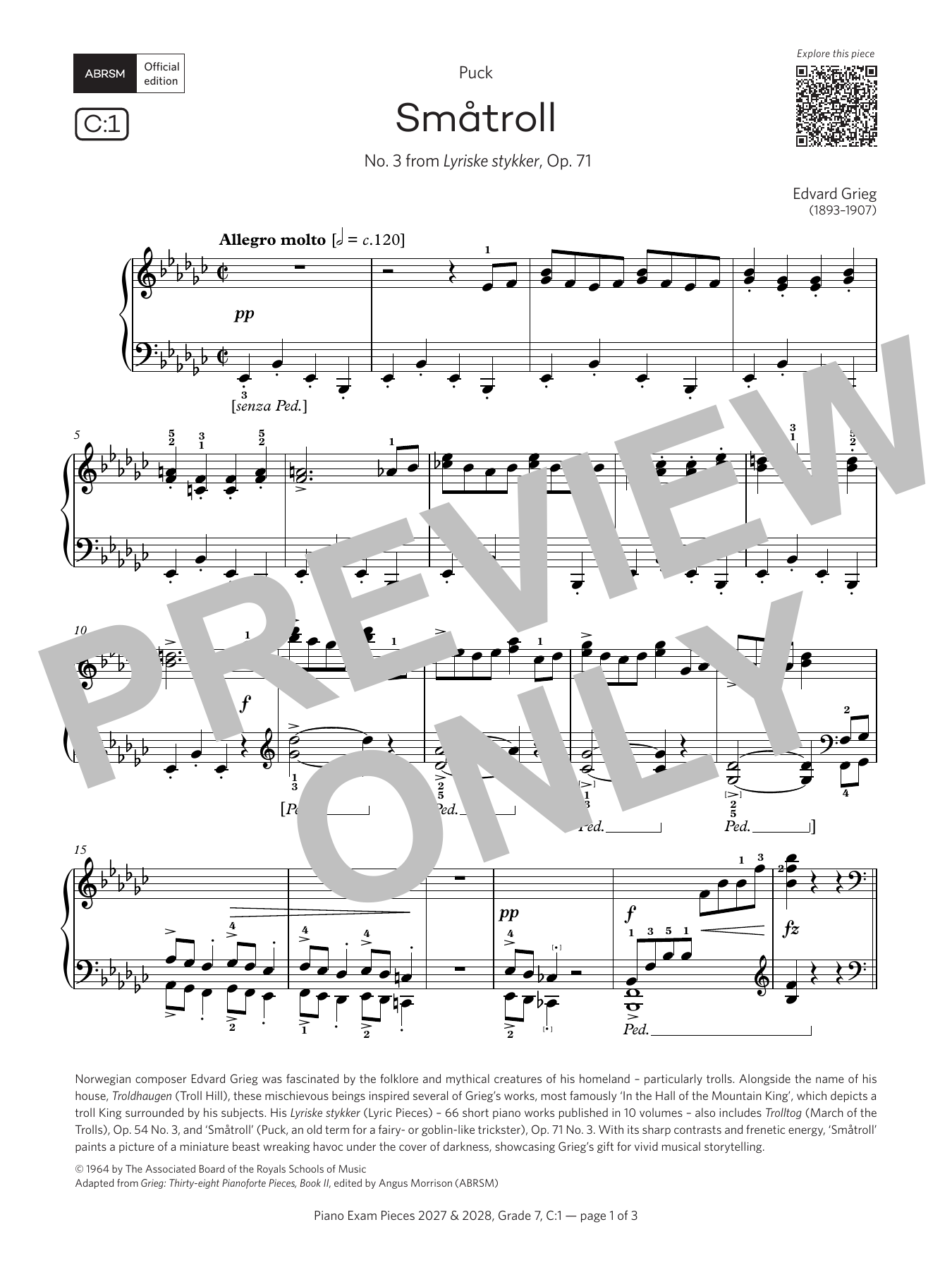 Edvard Grieg Småtroll (Grade 7, list C1, from the ABRSM Piano Syllabus 2027 & 2028) sheet music notes and chords arranged for Piano Solo