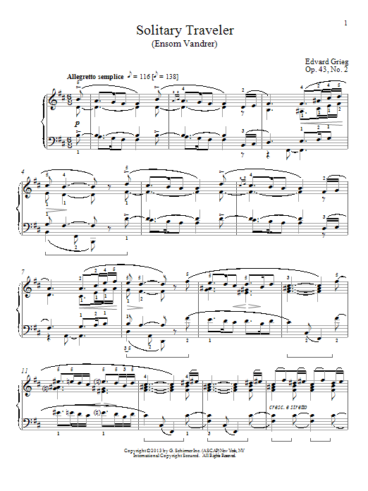 Edvard Grieg Solitary Traveler (Ensom Vandrer), Op. 43, No. 2 sheet music notes and chords arranged for Piano Solo