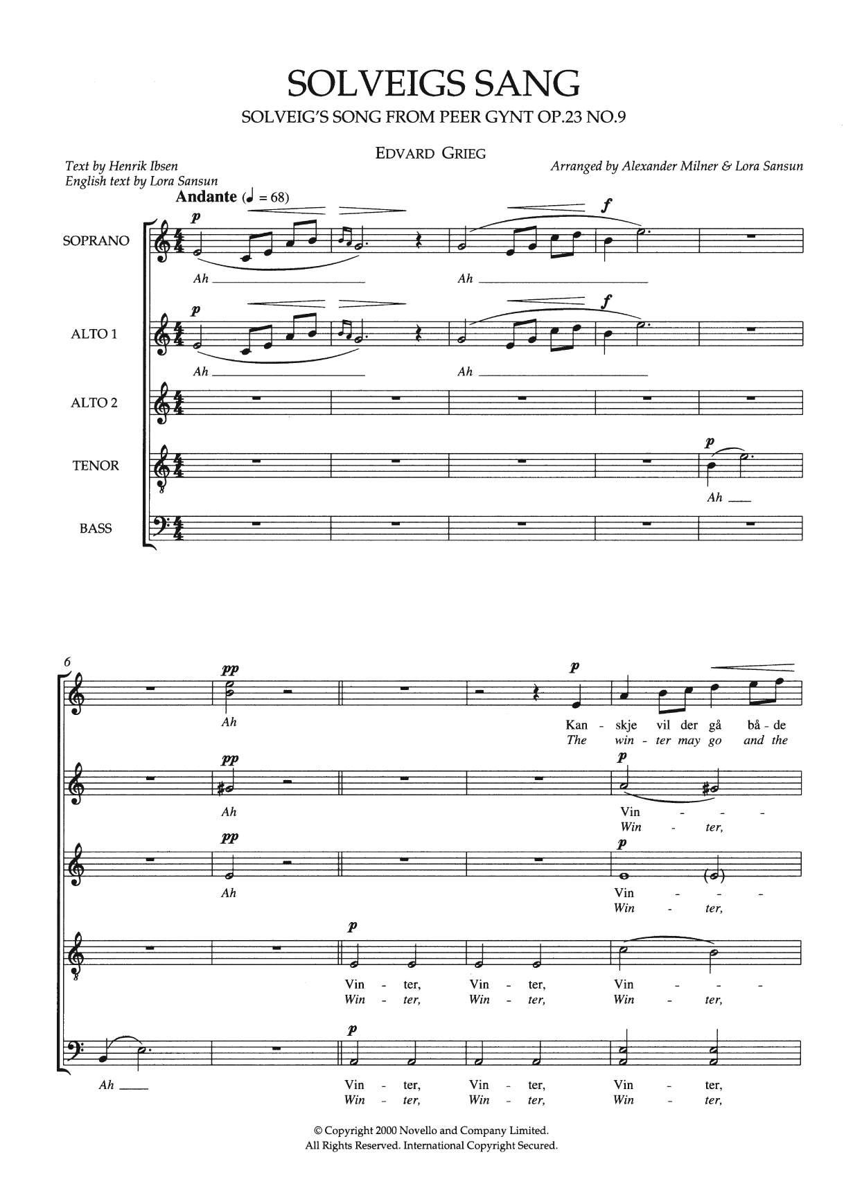 Edvard Grieg Solveig's Song (From 'Peer Gynt Suite No. 2') (arr. Alexander Milner and Lora Sansun) sheet music notes and chords arranged for SATB Choir