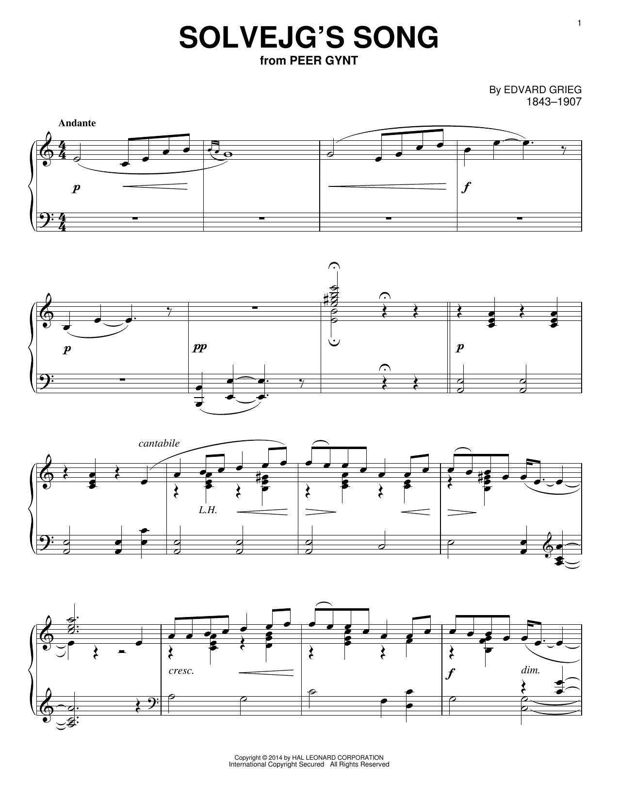 Edvard Grieg Solvejg's Song sheet music notes and chords arranged for Piano Solo