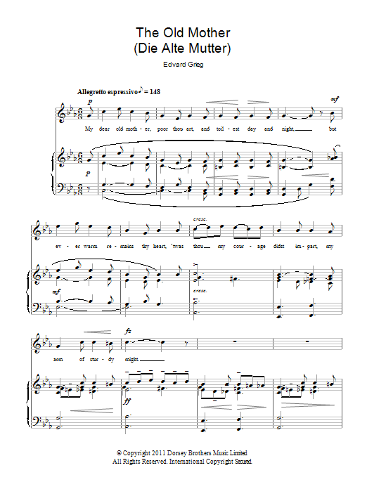 Edvard Grieg The Old Mother (Die Alte Mutter) sheet music notes and chords arranged for Piano & Vocal