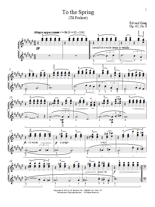 Edvard Grieg To The Spring (Til Foraret), Op. 43, No. 6 sheet music notes and chords arranged for Piano Solo