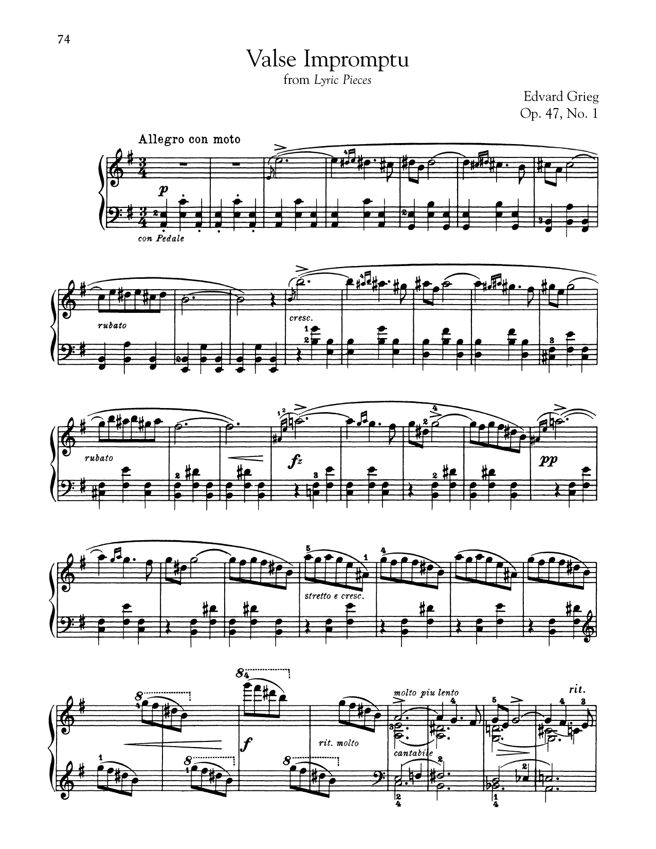 Edvard Grieg Valse Impromptu, Op. 47, No. 1 sheet music notes and chords arranged for Piano Solo