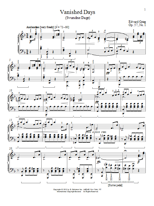 Edvard Grieg Vanished Days (Svundne Dage), Op. 57, No. 1 sheet music notes and chords arranged for Piano Solo
