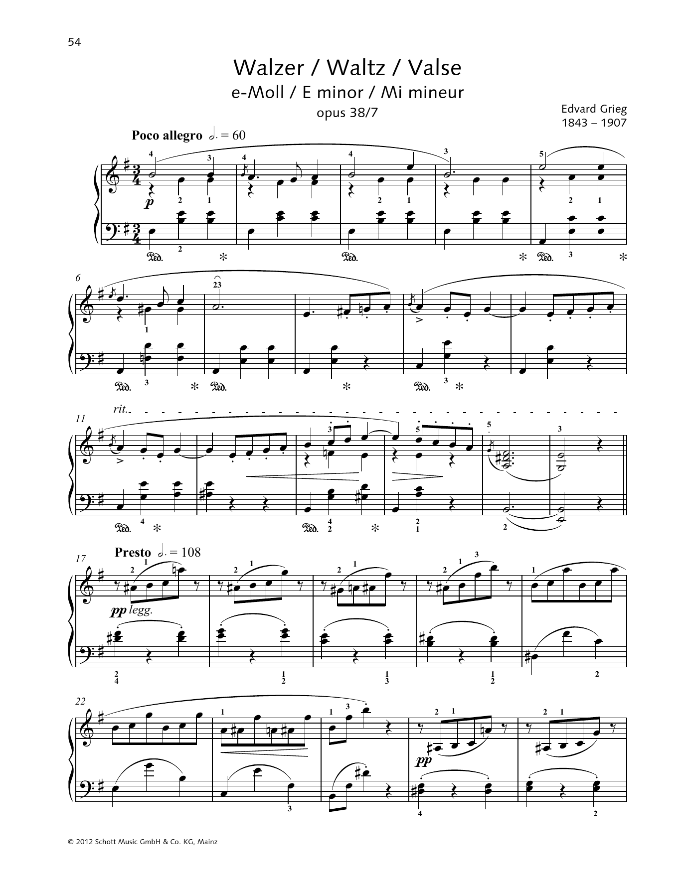 Edvard Grieg Waltz E minor sheet music notes and chords arranged for Piano Solo