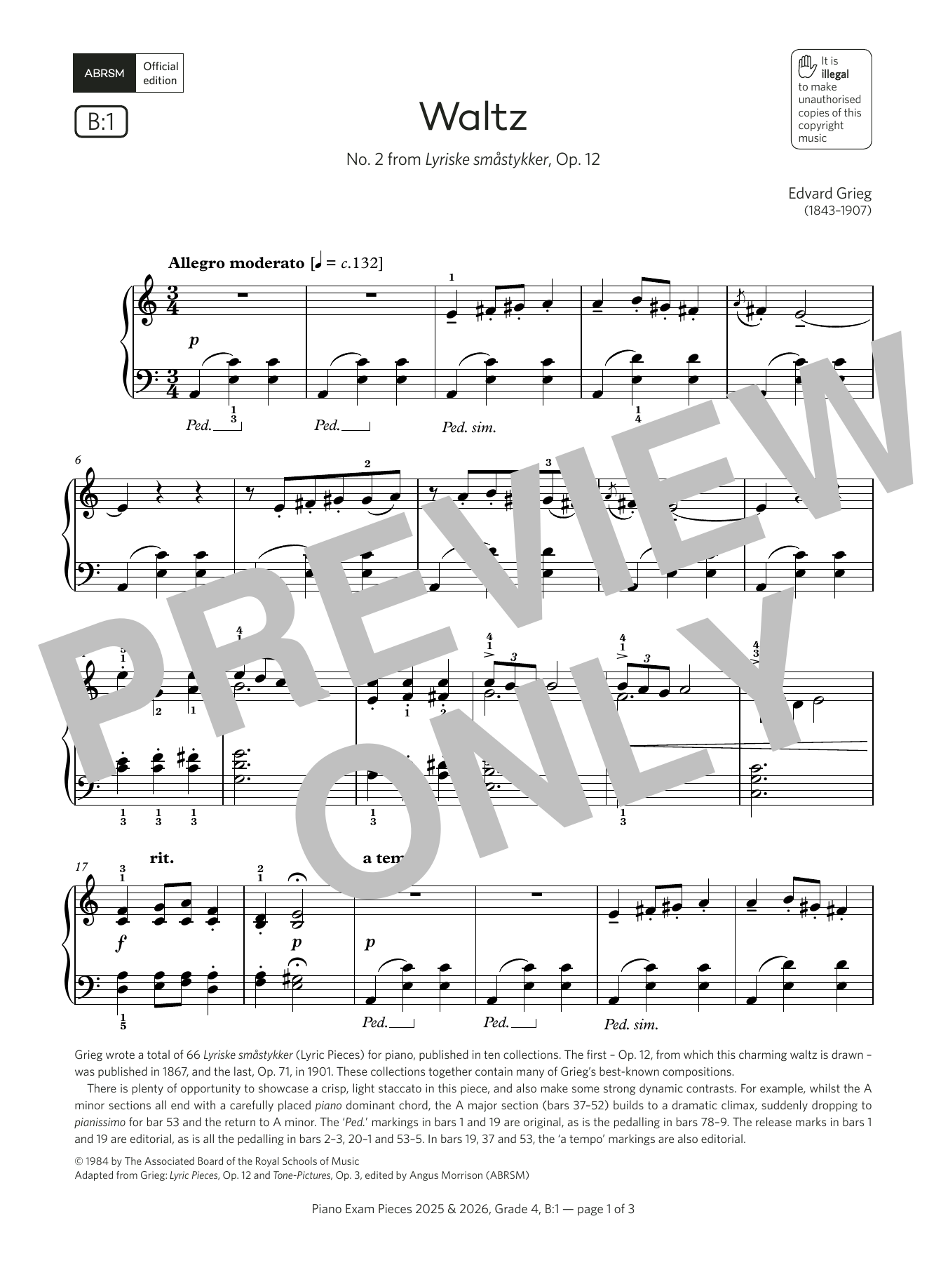 Edvard Grieg Waltz (Grade 4, list B1, from the ABRSM Piano Syllabus 2025 & 2026) sheet music notes and chords arranged for Piano Solo