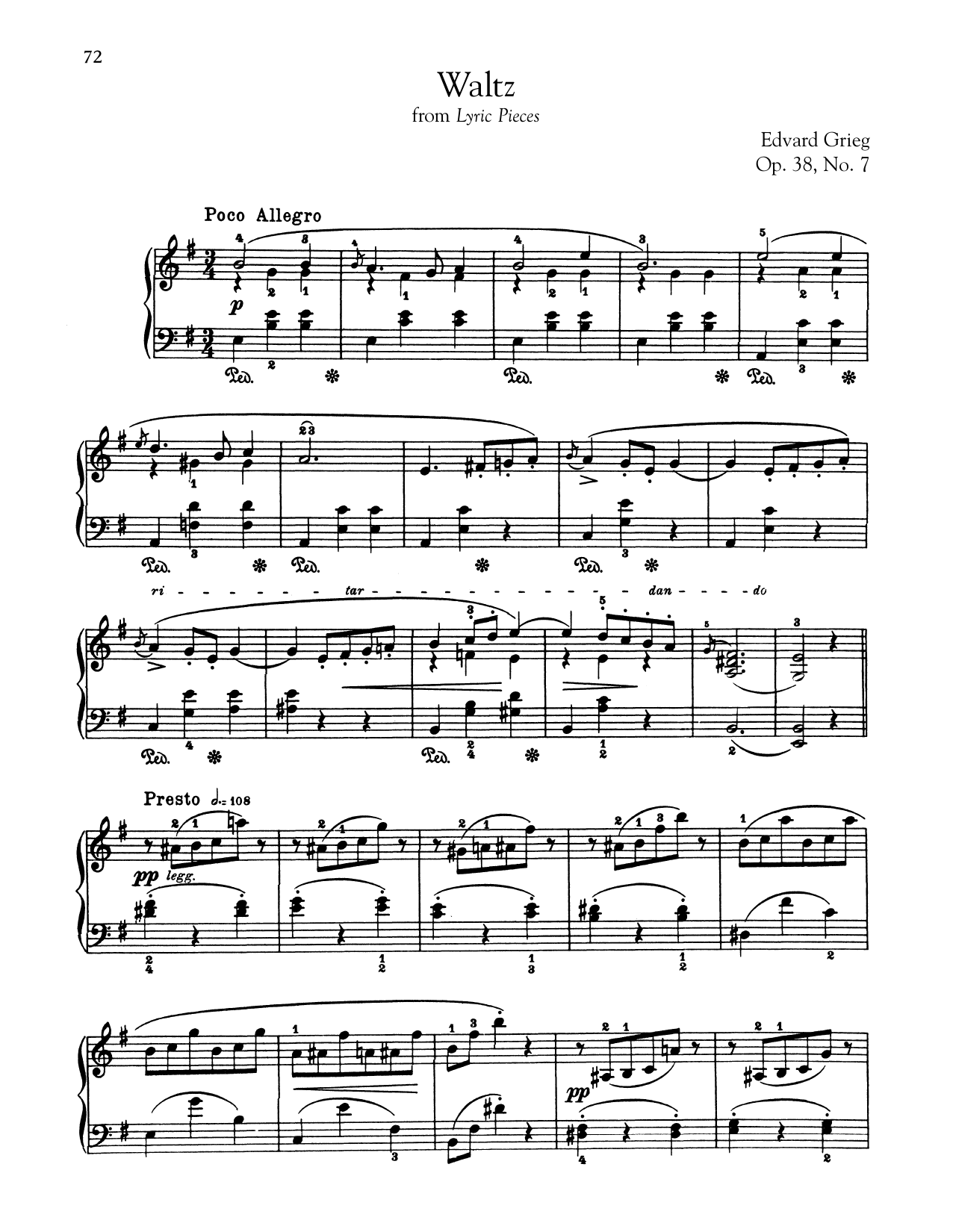 Edvard Grieg Waltz, Op. 38, No. 7 sheet music notes and chords arranged for Piano Solo