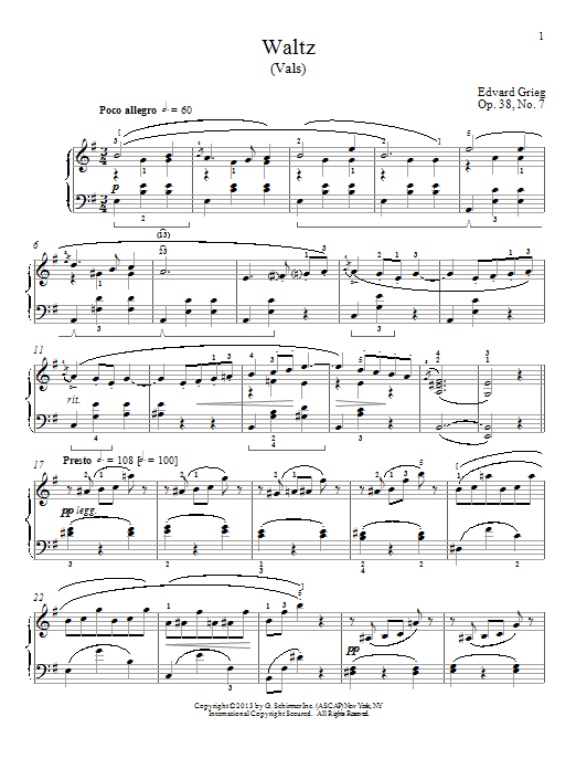 Edvard Grieg Waltz (Vals), Op. 38, No. 7 sheet music notes and chords arranged for Piano Solo