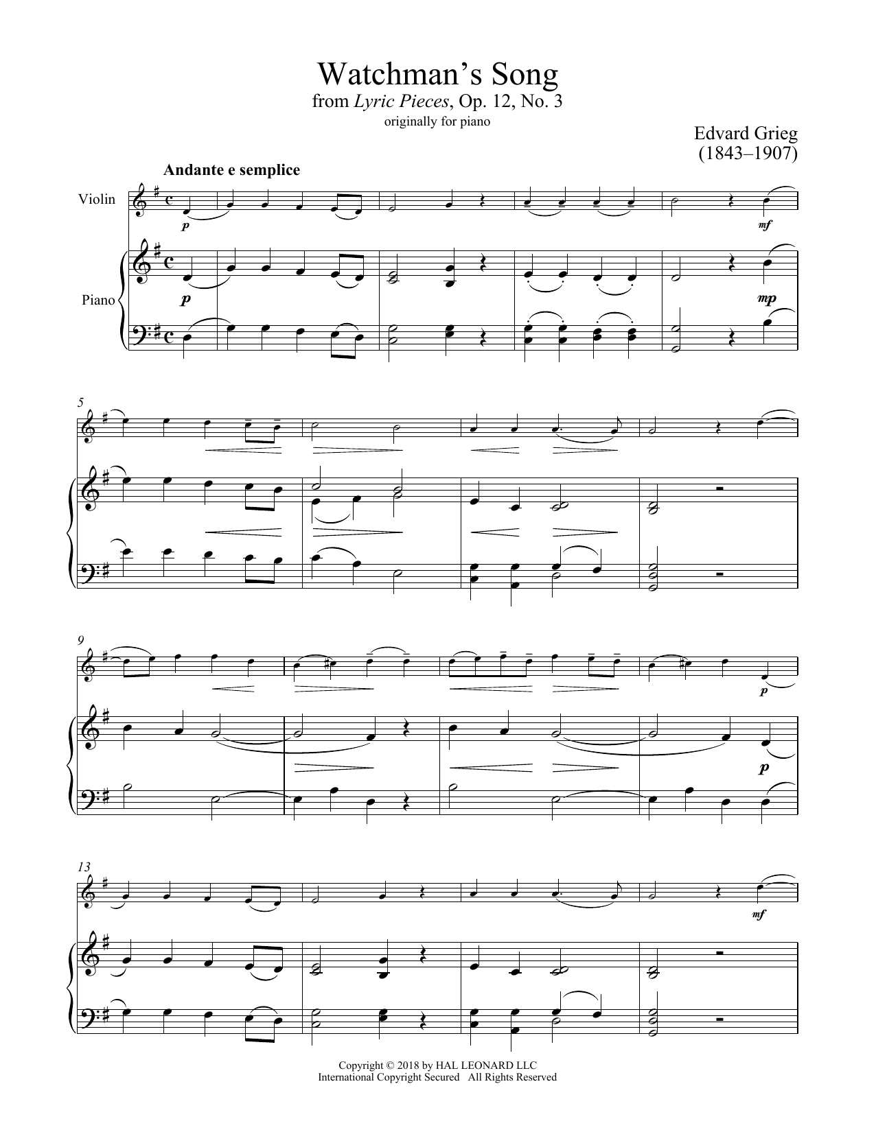Edvard Grieg Watchman's Song, Op. 12, No. 3 sheet music notes and chords arranged for Violin and Piano