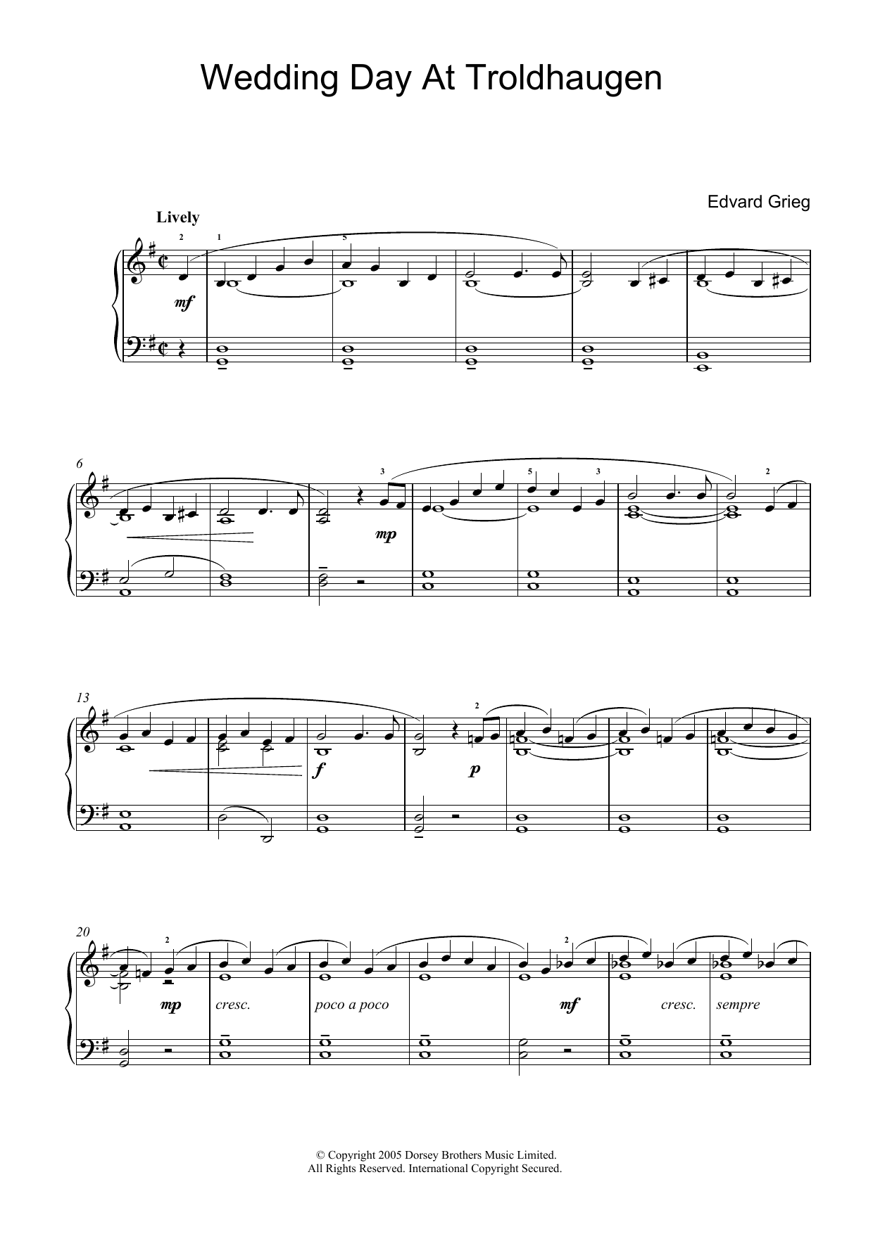 Edvard Grieg Wedding Day At Troldhaugen sheet music notes and chords arranged for Piano Solo