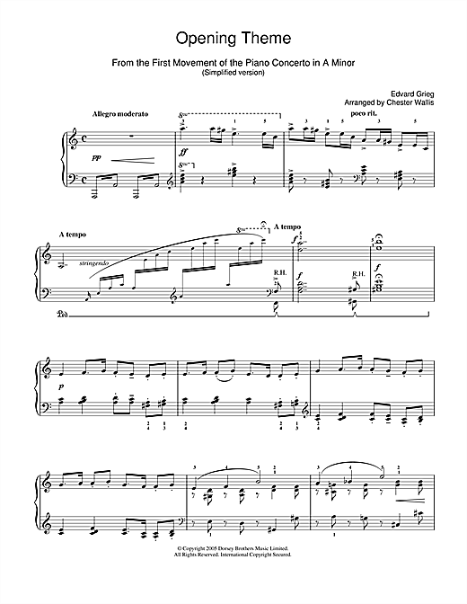 Edvard Grieg Opening Theme from Piano Concerto in A Minor sheet music notes and chords arranged for Easy Piano