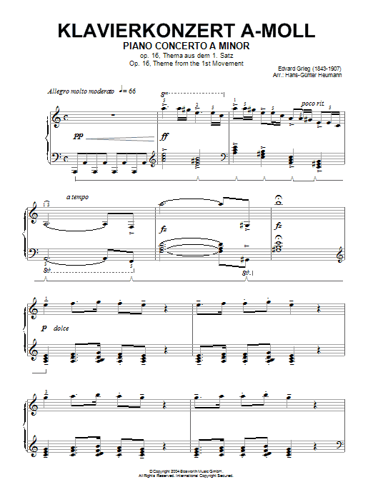 Edvard Grieg Opening Theme from the First Movement of the Piano Concerto in A Minor, Op.16 sheet music notes and chords arranged for Piano Solo