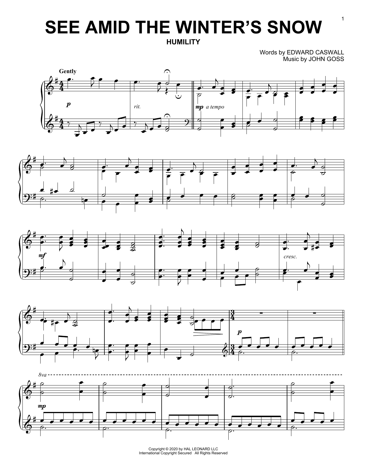 Edward Caswall and John Goss See Amid The Winter's Snow sheet music notes and chords arranged for Piano Solo