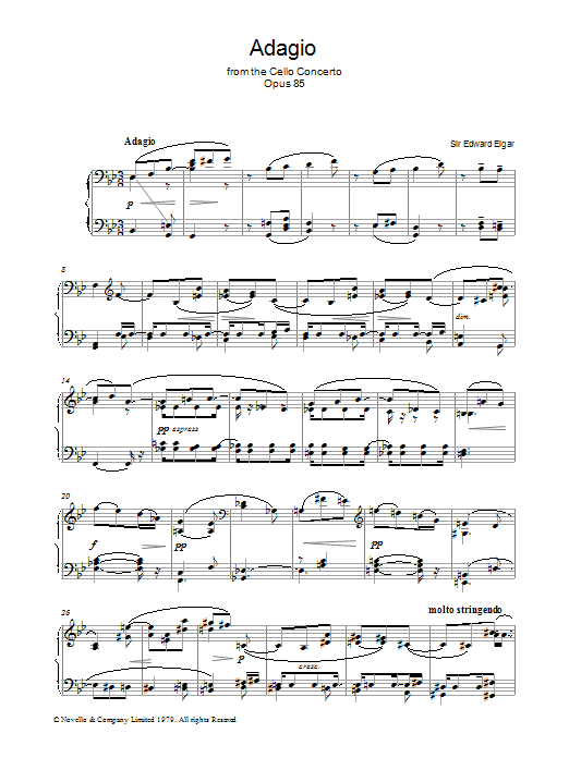 Edward Elgar Adagio From The Cello Concerto Opus 85 sheet music notes and chords arranged for Piano Solo