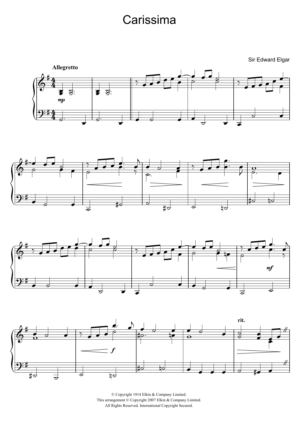 Edward Elgar Carissima sheet music notes and chords arranged for Easy Piano