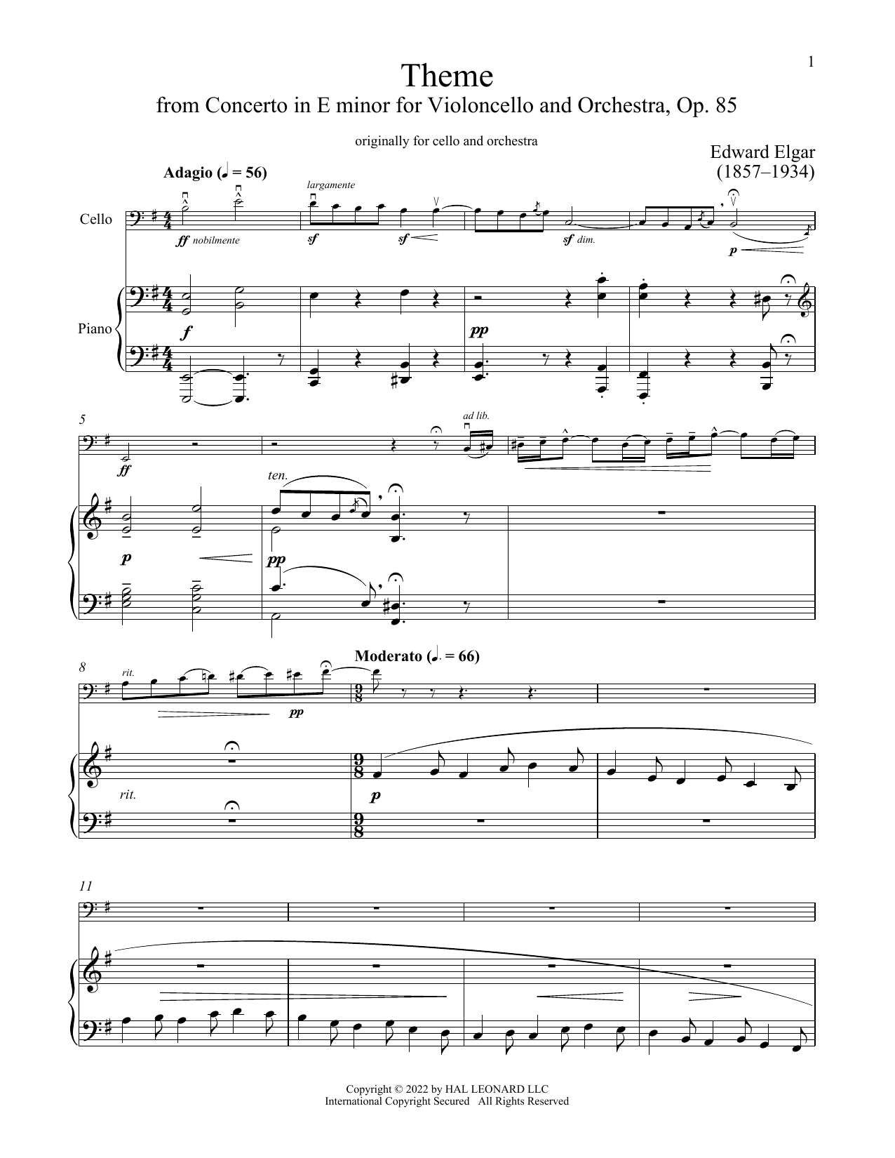 Edward Elgar Cello Concerto sheet music notes and chords arranged for Cello and Piano
