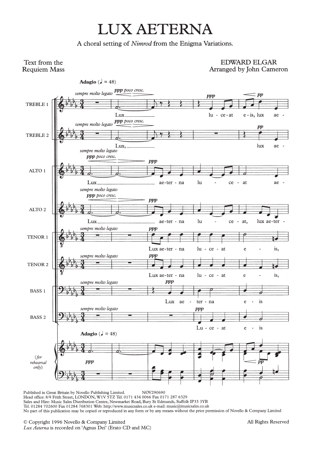 Edward Elgar Lux Aeterna (arr. John Cameron) sheet music notes and chords arranged for SSAATTBB Choir